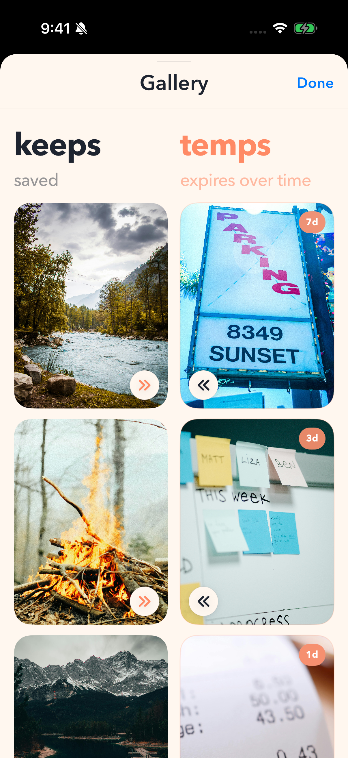 LightRoll gallery screenshot showing Keep and Temp photos.